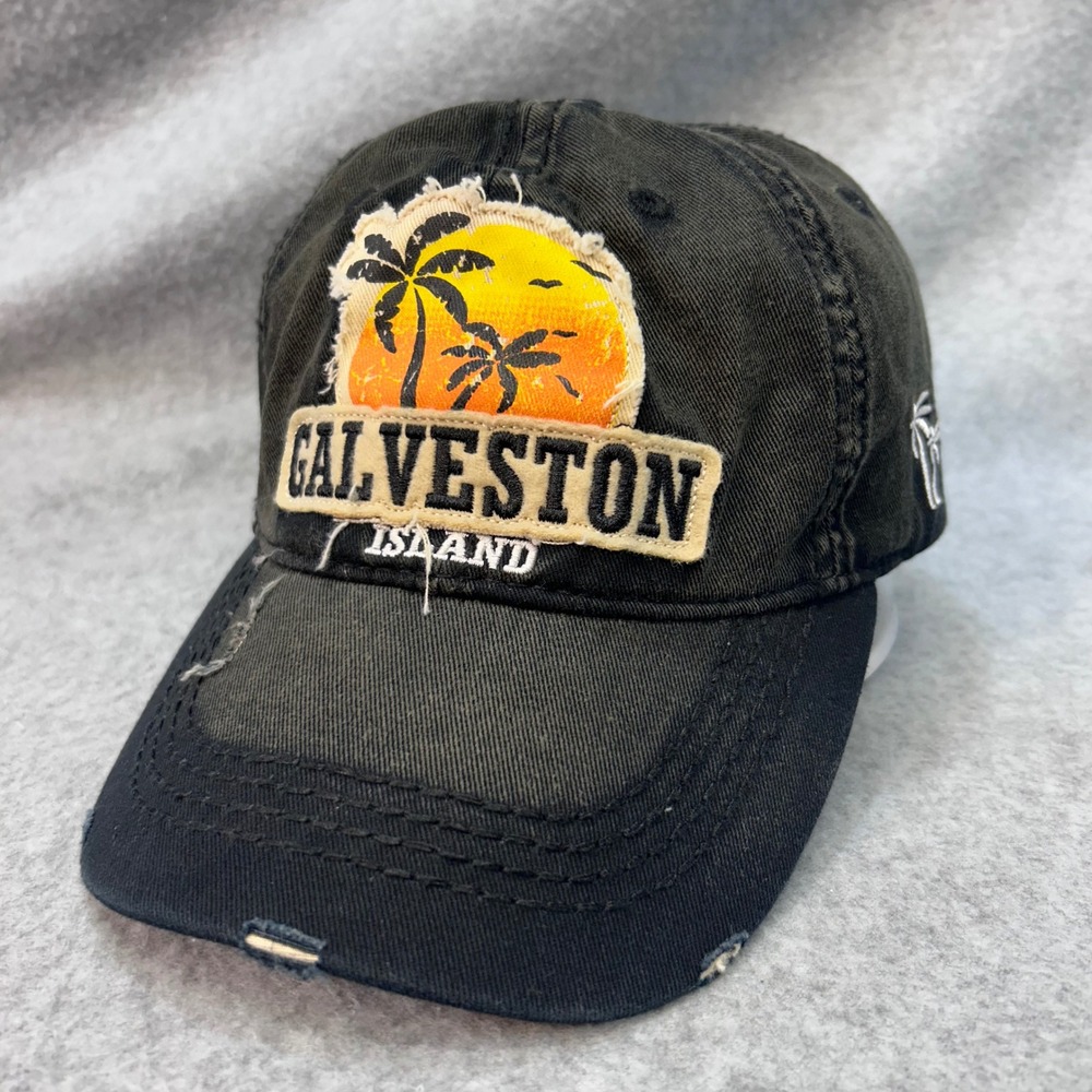 Galveston Island Sunset Palm Tree Black Triangle Sport Headwear Distressed Hat